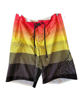 Fox Racing Mens Board Swim Shorts W31" Black Yellow Orange Trunks Surf Beach